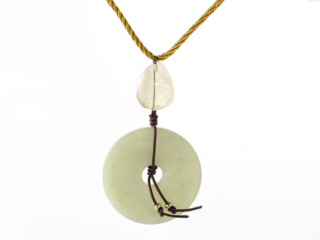 Light Green Series Grinding Lemon Crystal and Donut Shape Serpentine Jade Pendant Necklace with Yellow Cord