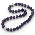 2013 Summer New Design Dark Purple Color Round 10mm Seashell Beaded Knotted Necklace with White Rhinestone Ball