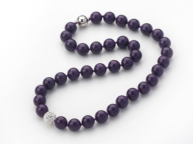 2013 Summer New Design Dark Purple Color Round 10mm Seashell Beaded Knotted Necklace with White Rhinestone Ball
