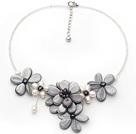 Gray Series Gray Shell and White Freshwater Pearl Flower Necklace with Glass Beads Chain