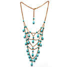 New Design Multi Layer Teardrop Turquoise Necklace with Golden Color Metal Chain