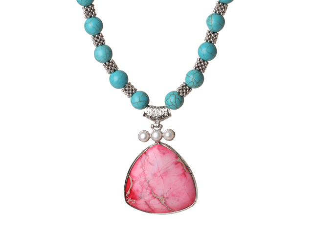Turquoise Necklace with Imperial Jasper Pendant and Metal Spacer Beads