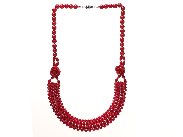 Fashion Multilayer Cluster Style Round Red Coral And Flower Link Connection Beaded Necklace With Ball Clasp