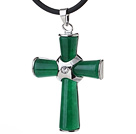 Nice Green Inlaid Malaysian Jade Cross Pendant Necklace With Black Leather