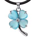 Fashion Inlaid Blue Heart Shape Cats Eye Four Leaf Clover Zincon Pendant Necklace With Black Leather