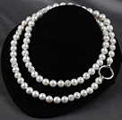 Long Style Round White Seashell Beaded Necklace with White Rhinestone Beads
