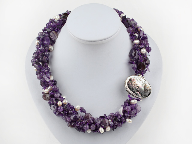 gorgeous multi strand white pearl and amethyst necklace 