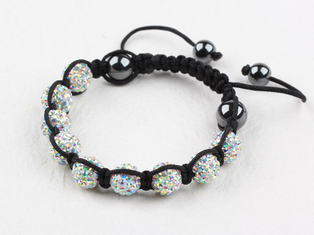 10mm White with Colorful Rhinestone Ball Woven Bracelet with Adjustable Thread