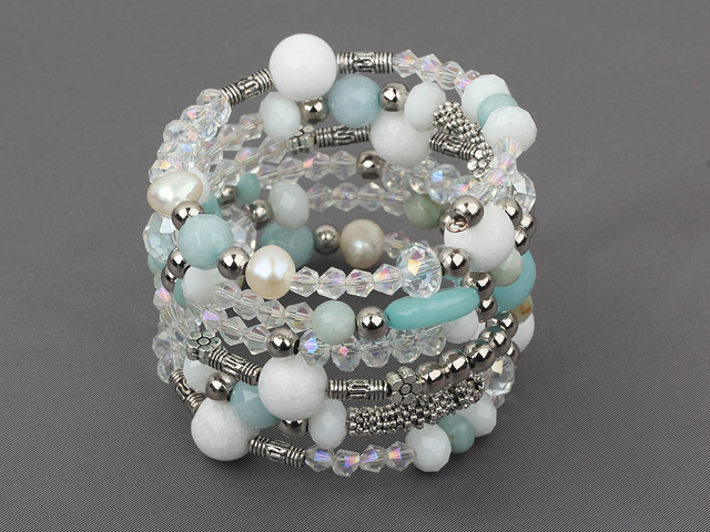 2013 Spring Design Clear Crystal and Amazon Stone and White Porcelain Stone Wrap Bangle Bracelet