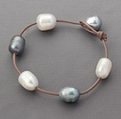 Classic Design 11-12mm Natural White and Gray Freshwater Pearl Brown Leather Bracelet with Pearl Clasp