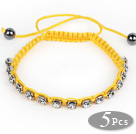 5 Pieces Yellow Thread and White Square Shape Rhinestone and Hematite Woven Adjustable Drawstring Bracelets