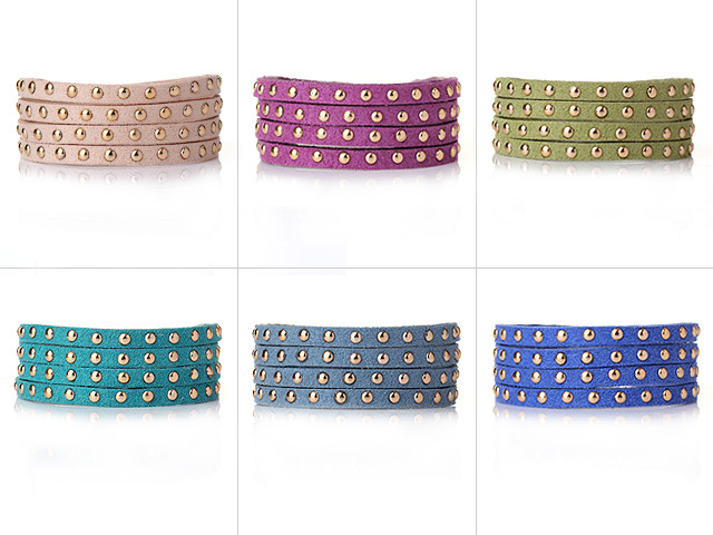 6 pcs Awesome Multi Strands Multi Color Soft Leather Bracelet with Rivet and Lobster Clasp
