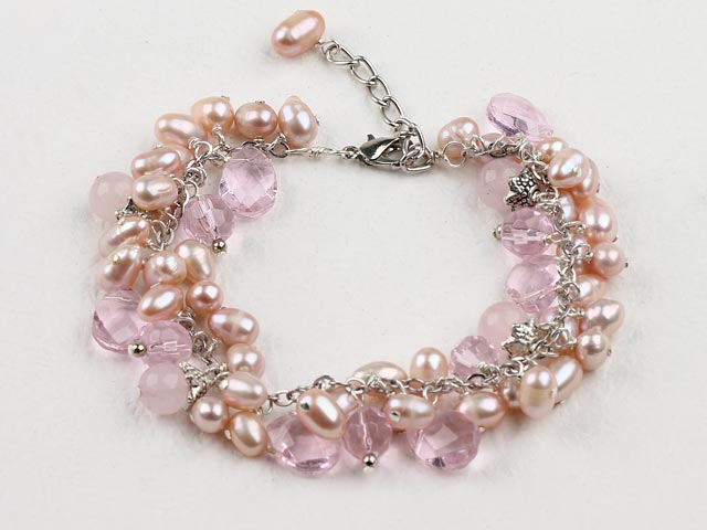 pink pearl crystal and rose quartze bracelet with extendable chain
