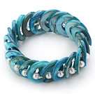 Peacock Blue Color Donut Shell and White Seashell Beads Stretch Bangle Bracelet