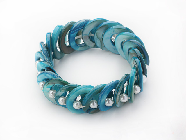 Peacock Blue Color Donut Shell and White Seashell Beads Stretch Bangle Bracelet