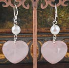 white pearl and heart rose quartze earrings