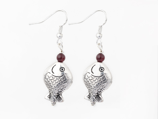 Wonderful Short Style Round Garnet And Tibet Silver Fish Dangle Earrings