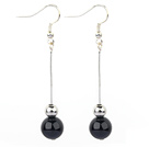Beautiful Black Agate Ball And Silver Bead Dangle Earrings With Fish Hook