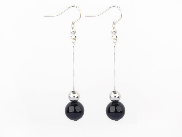 Beautiful Black Agate Ball And Silver Bead Dangle Earrings With Fish Hook