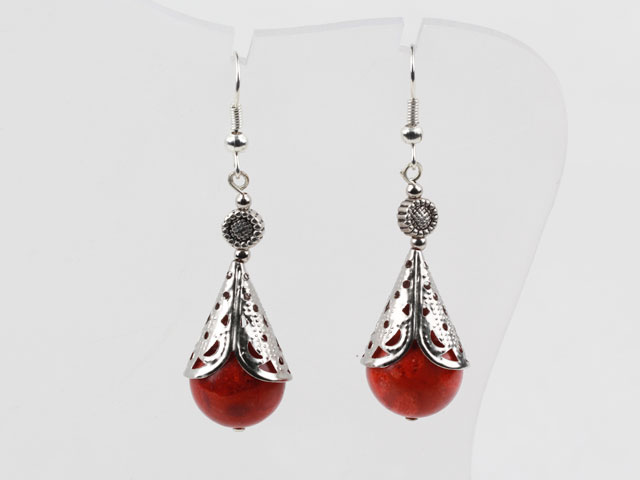 Classic Design Round Red Grass Coral And Horn Charm Dangle Earrings
