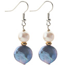 Simple Style White Round Freshwater Pearl and Dark Blue Coin Pearl Dangle Earrings