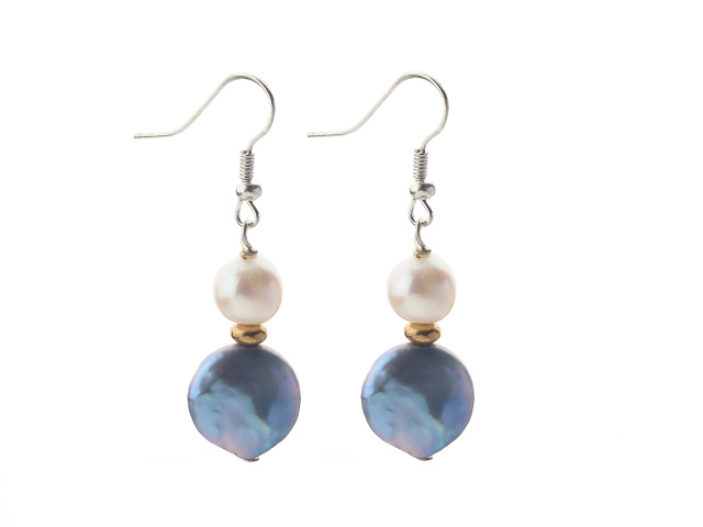 Simple Style White Round Freshwater Pearl and Dark Blue Coin Pearl Dangle Earrings