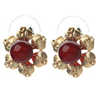 Elegant Style Carnelian and Golden Color Metal Flower Stud Earrings
