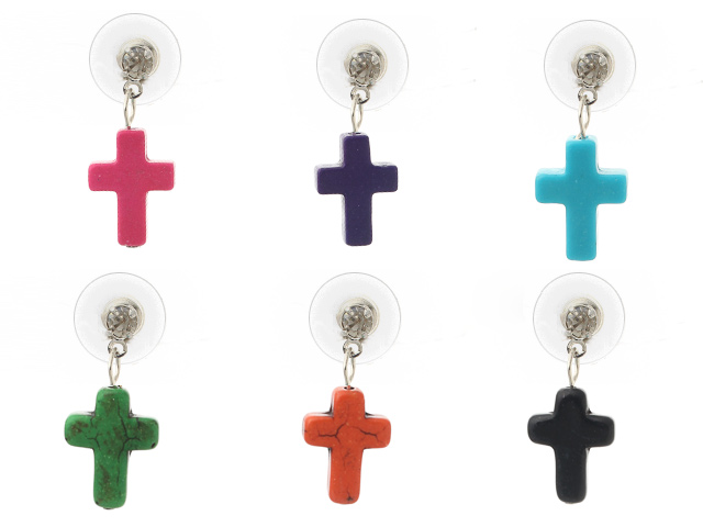 6 Pairs Multi Color Dyed Turquoise Cross Shape Studs Earrings ( Random Color )