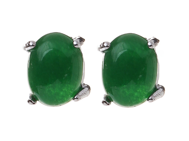 Lovely 8mm Oval Shape Inlaid Green Malaysian Jade Studs Earrings