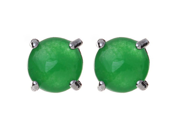 Lovely 8mm Half Round Inlaid Green Malaysian Jade Studs Earrings