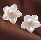 Cute Bauhinia Shape Shell and White Pearl 925 Sterling Silver Studs Earrings