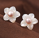 Cute Bauhinia Shape Shell and Pink Pearl 925 Sterling Silver Studs Earrings