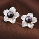 Cute Bauhinia Shape Shell and Black Pearl 925 Sterling Silver Studs Earrings