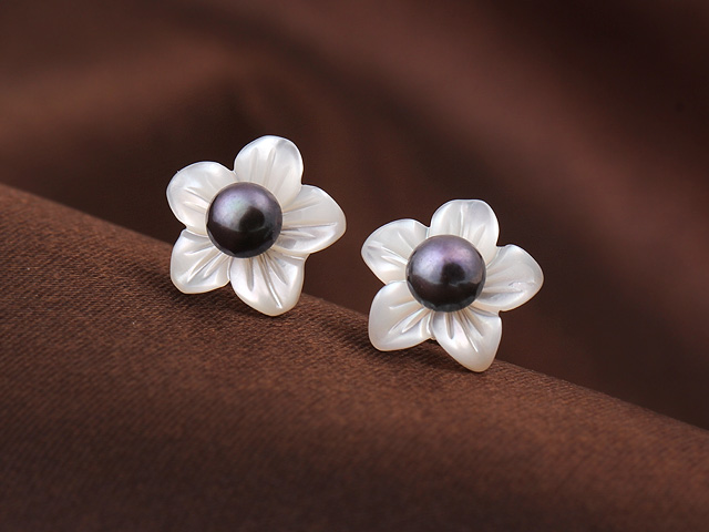 Cute Bauhinia Shape Shell and Black Pearl 925 Sterling Silver Studs Earrings