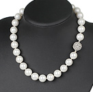 Elegant 14Mm Round White Seashell Beads Strand Necklace With Rhonestone Ball Magnetic Clasp