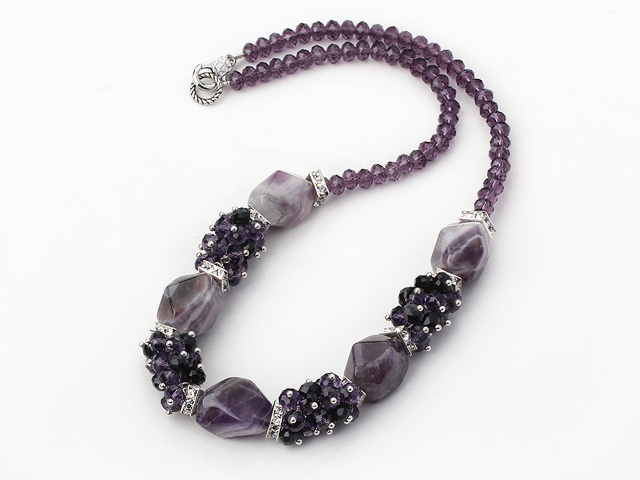 Popular Cluster Black And Purple Crystal Thick Amethyst Stone Beaded Necklace With Rhinestone Charm Accessories