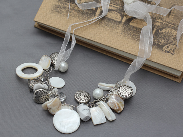 white turquoise and shell necklace with ribbon