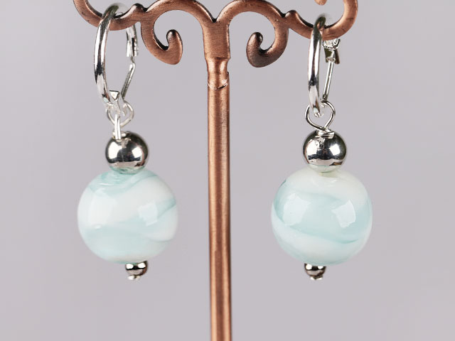 Nice Simple Short Style 12Mm Blue Colored Glaze Ball Drop Earrings With Ear Hoops 