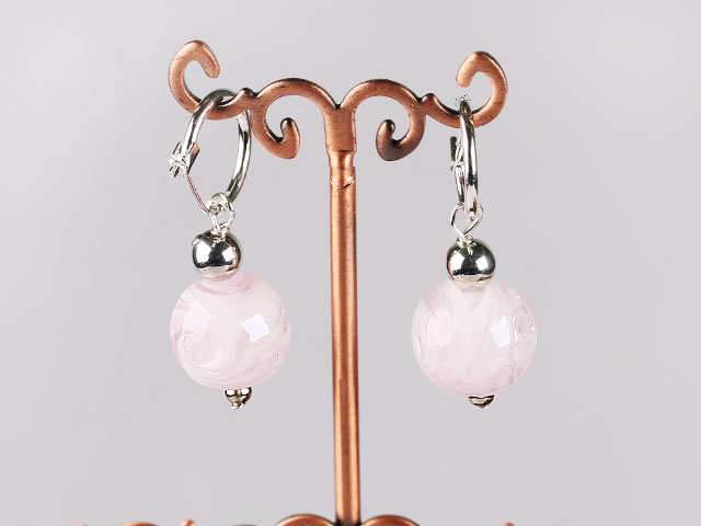 Beautiful Pink 12 Mm Colored Glaze Ball Dangle Earrings With Ear Hoops 
