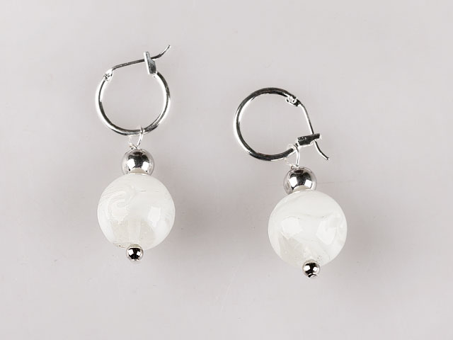 Lovely White 12 Mm Colored Glaze Ball Dangle Earrings With Ear Hoops 