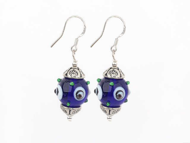 Nice Eye Shape Blue Colored Glaze Crystal And Cap Charm Dangle Earrings