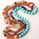 Long Style Turquoise and Amethyst and Agate and Strawberry Quartz Necklace