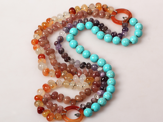 Long Style Turquoise and Amethyst and Agate and Strawberry Quartz Necklace