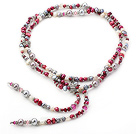 Long Style Austrian Crystal and Purple Red Pearl and Gray Seashell Necklace ( No Clasp )