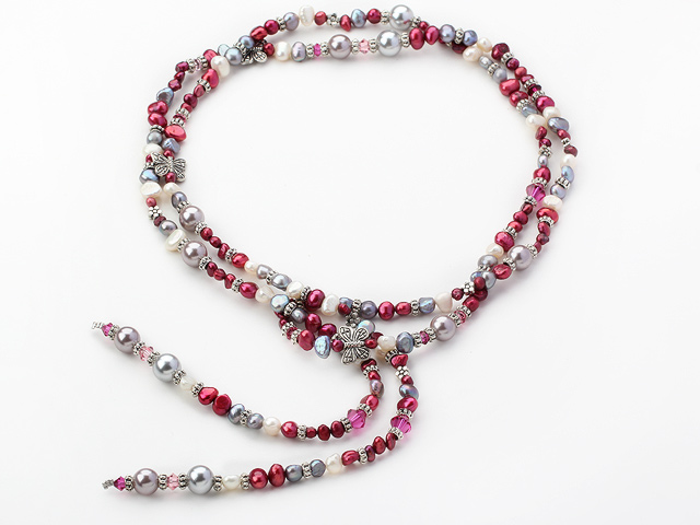 Long Style Austrian Crystal and Purple Red Pearl and Gray Seashell Necklace ( No Clasp )
