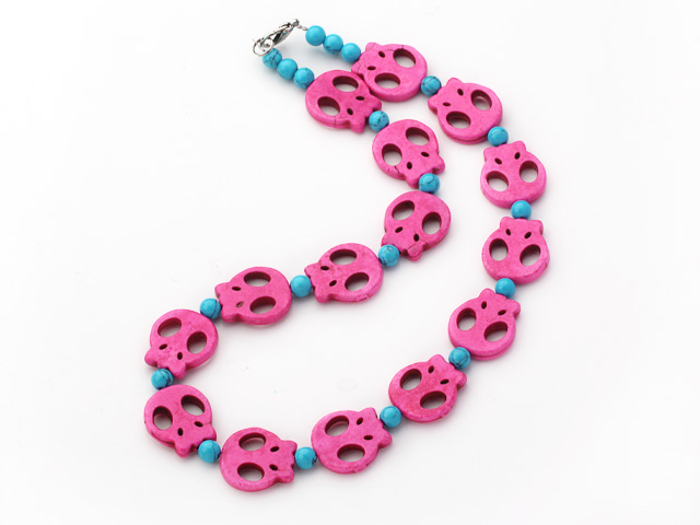 5 Pieces Dyed Hot Pink Turquoise Skull and Blue Turquoise Necklace with Lobster Clasp