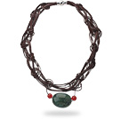2013 Summer New Design Green Turquoise and Carnelian Leather Necklace with Coffee Brown Leather