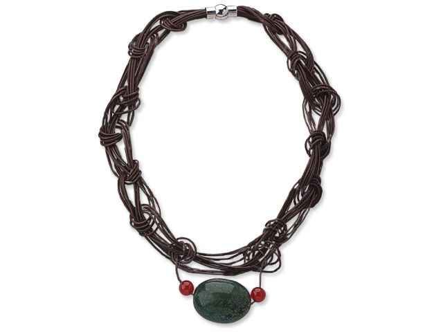 2013 Summer New Design Green Turquoise and Carnelian Leather Necklace with Coffee Brown Leather
