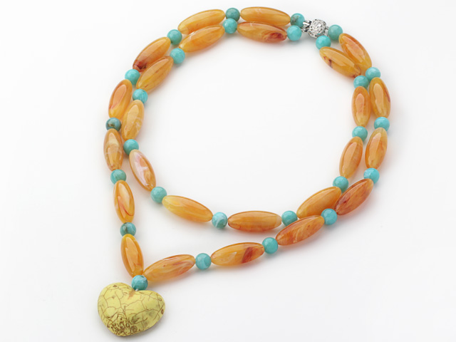 Long Style Ambar and Green Acrylic Necklace with Heart Shape Yellow Turquoise Pendant