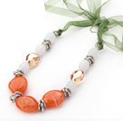 Orange and White Color Acrylic and Champagne Color Crystal Necklace with Green Ribbon